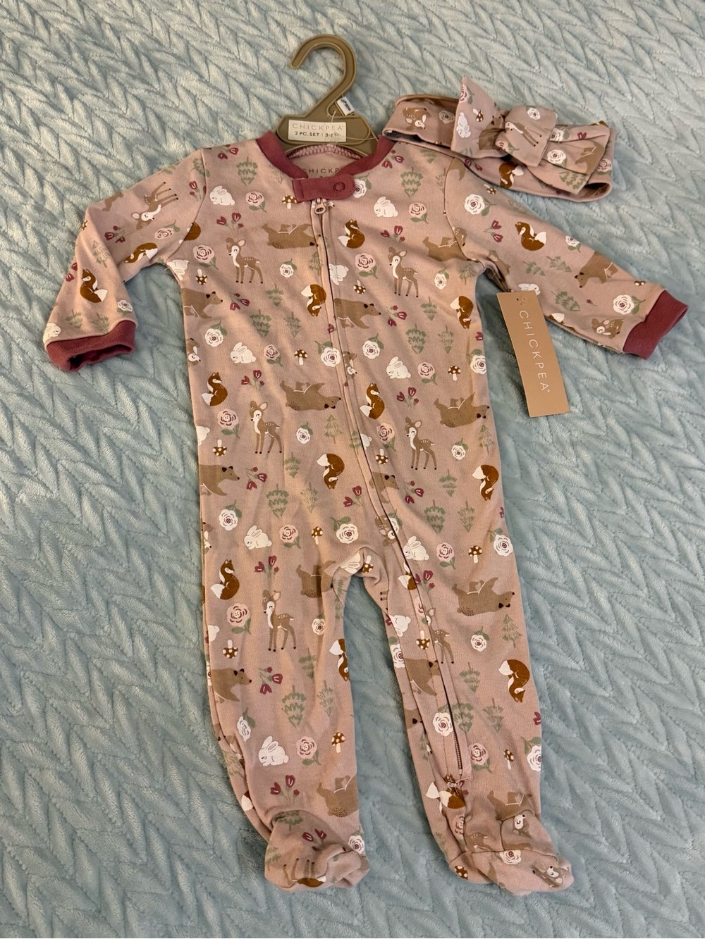 chick pea Mauve Woodland Print Footed One-Piece with Headband